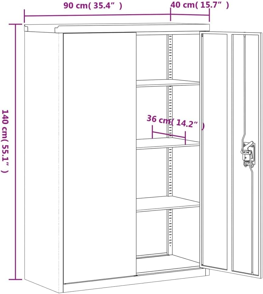 Gecheer Filing cabinet, office cabinet, locker cabinet with 2 doors, office, workplace, metal storage cabinet, cabinet, white, 90x40x140cm, steel - QUORE
