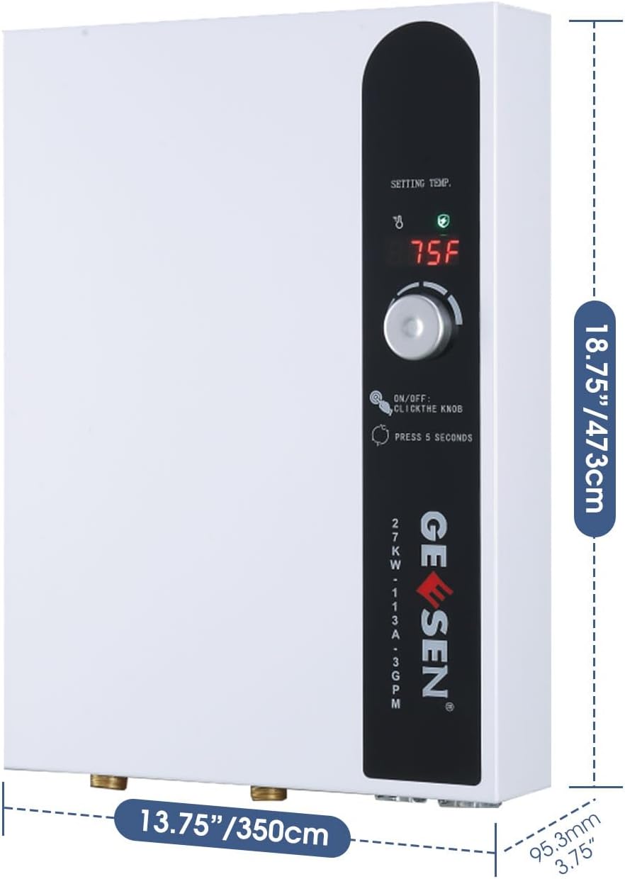 Tankloze elektrische doorstroomboiler, 27 kW, 240 V, eindeloos heet water op aanvraag, met digitale temperatuurweergave voor douches, 114 A, wit