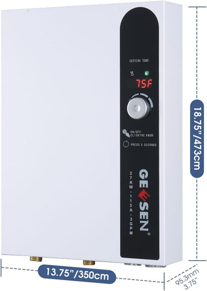 Tankloze elektrische doorstroomboiler, 27 kW, 240 V, eindeloos heet water op aanvraag, met digitale temperatuurweergave voor douches, 114 A, wit