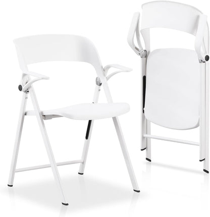 KAIHAOWIN 2 stuks kunststof klapstoel met armleuning, zware opvouwbare stoelen met stalen frame, commerciële stapelbare gaststoelen voor binnen en buiten, wit