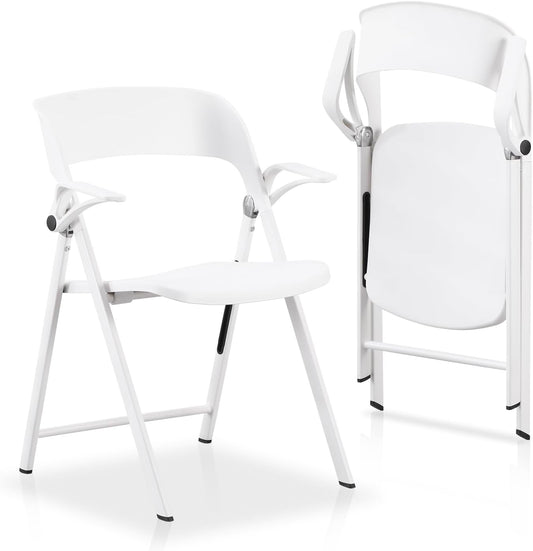 KAIHAOWIN 2 stuks kunststof klapstoel met armleuning, zware opvouwbare stoelen met stalen frame, commerciële stapelbare gaststoelen voor binnen en buiten, wit