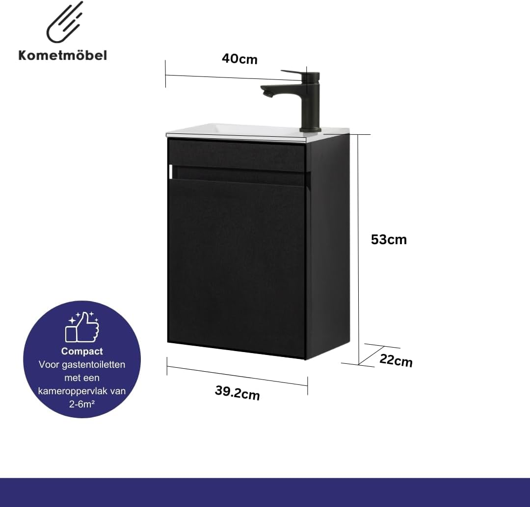wastafel met onderkast 40 cm voorgemonteerd klein (Zwart, Met spiegel)