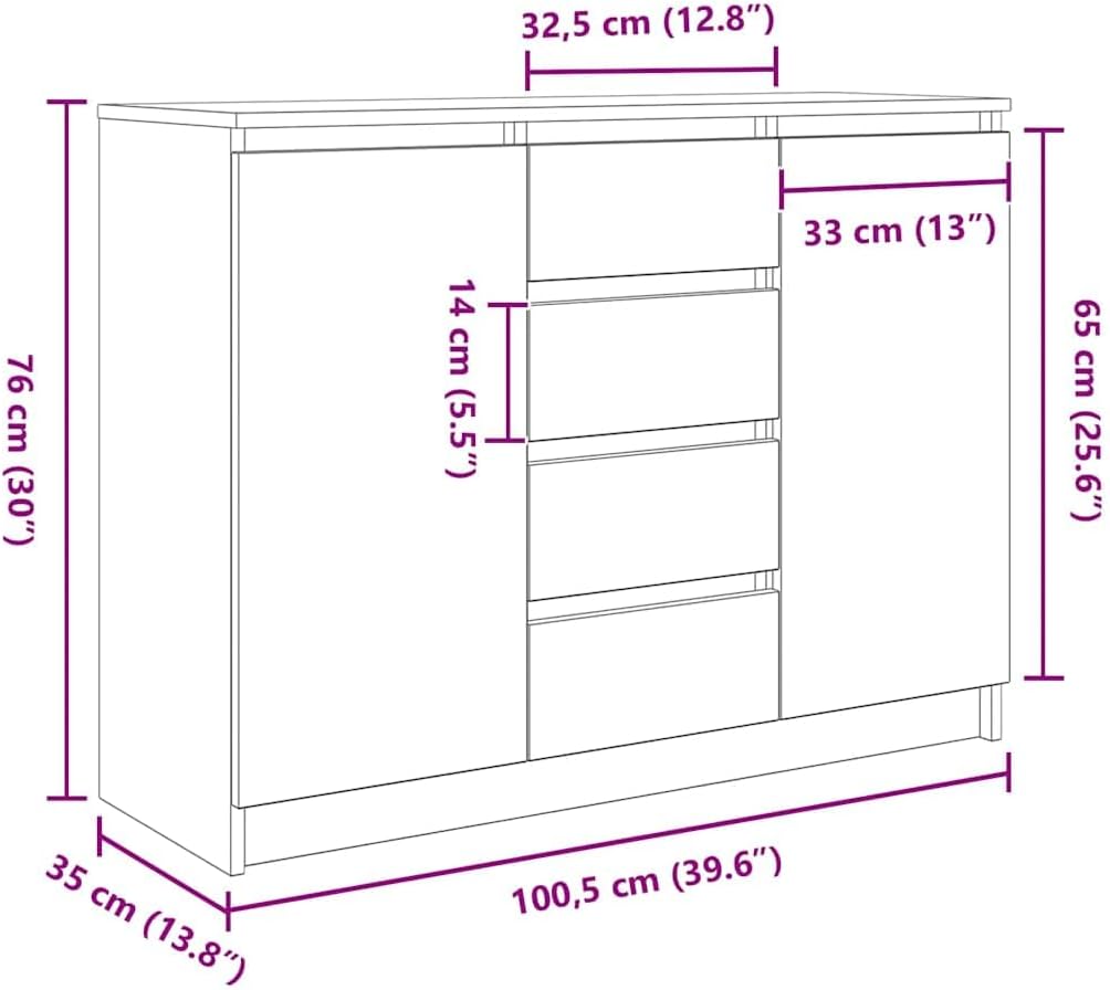 Sideboard – Opbergkast – Dressoir – Halmeubel – Buffetkast – Kleur Oud Hout – Duurzaam Bewerkte Hout – 100,5x35x76 cm – 2 Deuren 4 Lades