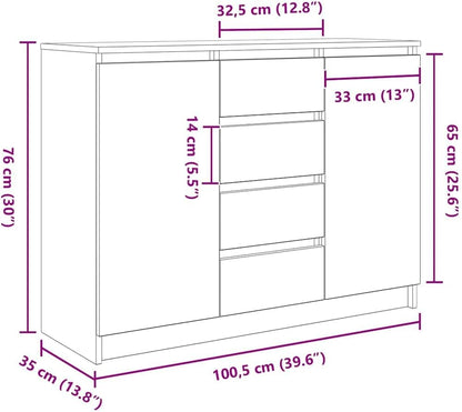 Sideboard – Opbergkast – Dressoir – Halmeubel – Buffetkast – Kleur Oud Hout – Duurzaam Bewerkte Hout – 100,5x35x76 cm – 2 Deuren 4 Lades