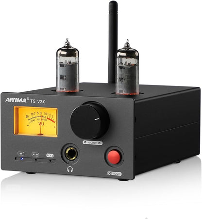 AIYIMA T5 V2.0 6K4 buisversterker hoofdtelefoonversterker 2.0 stereo mini hifi-versterker 140Wx2 Bluetooth QCC3034 Aptx-hd receiver TDA7498E digitale versterker met 2-weg analoge audio cinch-ingang