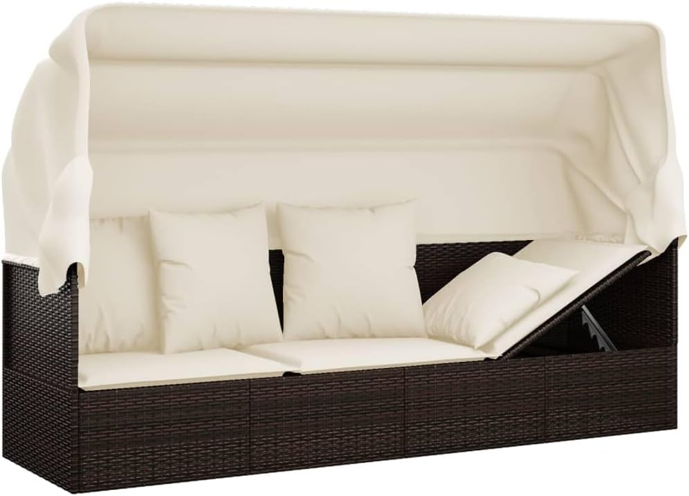 Outdoor Lounge Bed with Roof and Cushion, Brown Poly Rattan Sun Lounger with Both Sides Adjustable for Garden, Balcony, Patio, Camping, Swimming Pool - QUORE