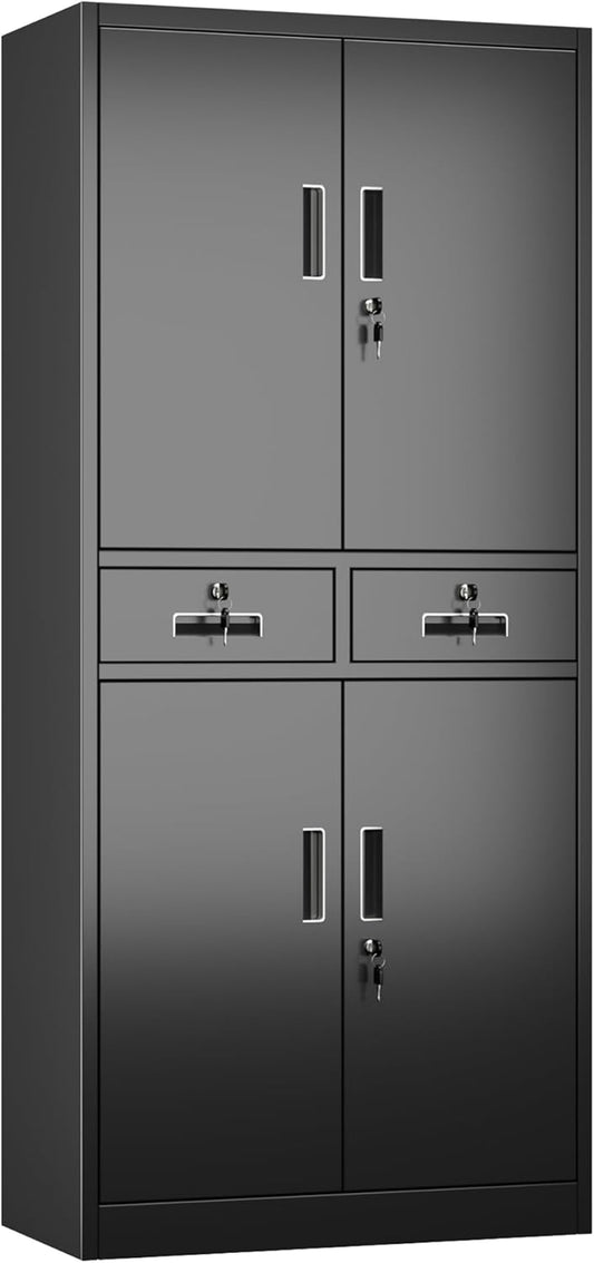 Filing Cabinet, Metal Cabinet with 2 Drawers, Bearing Cabinets, Powder Coated Steel Cabinet for Tools, Office, 180 x 80 x 40 cm (Black) - QUORE