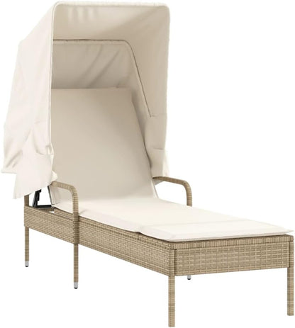Ligbedden Set 2 – Tuinstoelen – Ligstoelen – Tuinmeubelen – Deckchairs – Poly Rattan Weerbestendig – Verstelbare Rugleuning – Inclusief Zonnescherm – Crèmekleurige Kussens – Beige & Crème