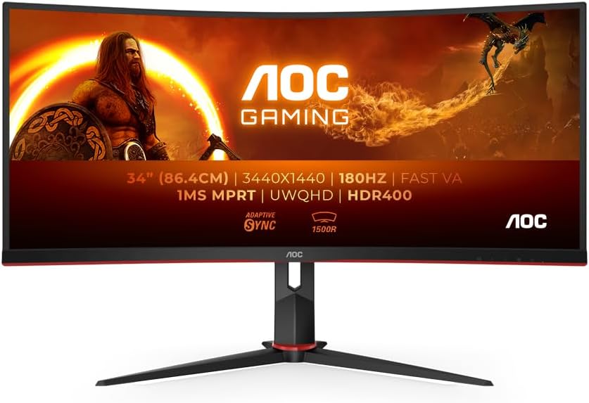 AOC Gaming CU34G2XPD - 34 inch WQHD Curved Monitor, 180 Hz, 1ms, FreeSync Premium (3440 x 1440, HDMI, DisplayPort, USB Hub) zwart/rood