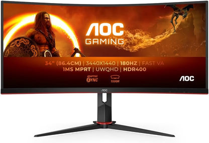AOC Gaming CU34G2XPD - 34 inch WQHD Curved Monitor, 180 Hz, 1ms, FreeSync Premium (3440 x 1440, HDMI, DisplayPort, USB Hub) zwart/rood