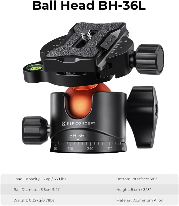K&F Concept Koolstofvezel Camera Statief, Lichtgewicht Reisstatief met Monopod, Compact Fotografie Statief met 360° Balhoofd, Compatibel met DSLR Camera, Max. Belasting: 15KG (A255C2+BH-35L)