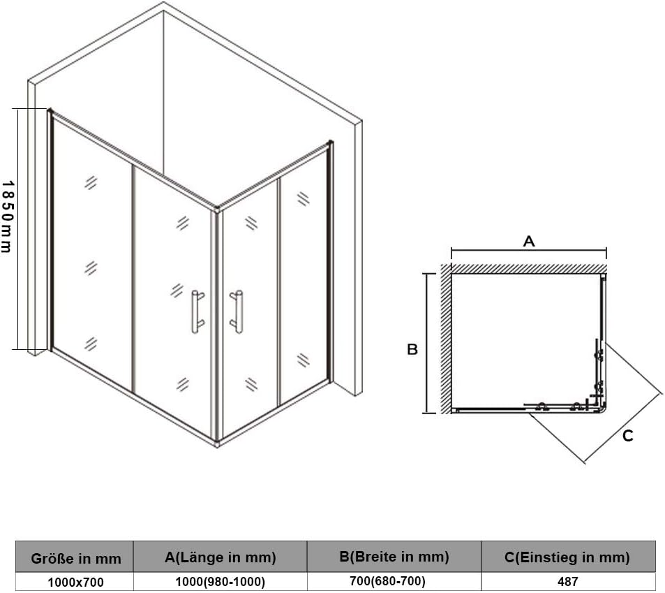 Douchecabine – Hoekdouche – Douchewand – Doucheruimte – Doucheschuifdeur – 100x70 cm – 5 mm Geharde Veiligheidsglas