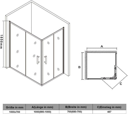 Douchecabine – Hoekdouche – Douchewand – Doucheruimte – Doucheschuifdeur – 100x70 cm – 5 mm Geharde Veiligheidsglas
