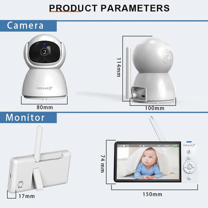 Feegar Babyfoon met camera, babymonitor, 5 inch, 720P HD-display, 2,4 GHz, PTZ 355°/120° babymonitor met afstandsbediening, 2 x zoom, VOX-modus, nachtzicht, temperatuursensor, slaapliedjes, 5000 mAh