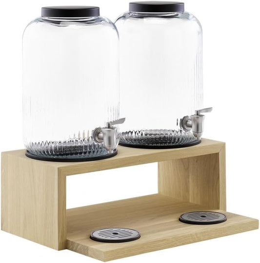 APS 14016 drankdispenser "VALO", basis ook eikenhout (waterdicht gelakt), 2 containers van glas (7 liter), tapkranen van roestvrij staal, deksel van roestvrij staal, zwart, afdruiprooster uitneembaar