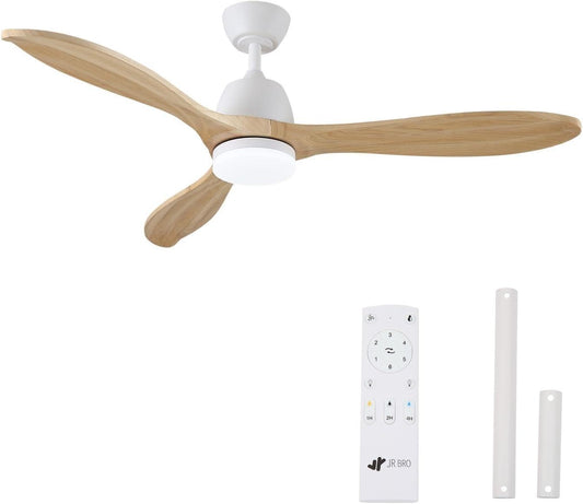 Plafondventilator met dimbaar ledlicht en afstandsbediening, stille DC-motor met 6 snelheden, 3 bladen van massief hout, 132 cm, 3 temperaturen, timer, ideaal voor woonkamer en slaapkamer