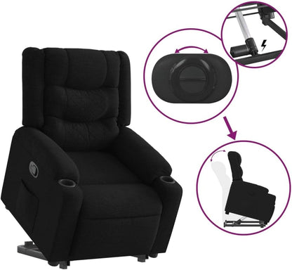 Relaxstoel Met Opstahulp – Zwarte Stoffen Tv-Stoel – Ligstoel – Relaxfauteuil – Enkel Ligstoel – Elektrische Opstahulp – Handmatig Kantelsysteem