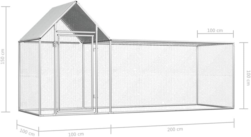 Outdoor Chicken Coop with Roof, Small Animal Chicken Coop, Outdoor Fence, Galvanized Steel, 3 x 1 x 1.5 m - QUORE