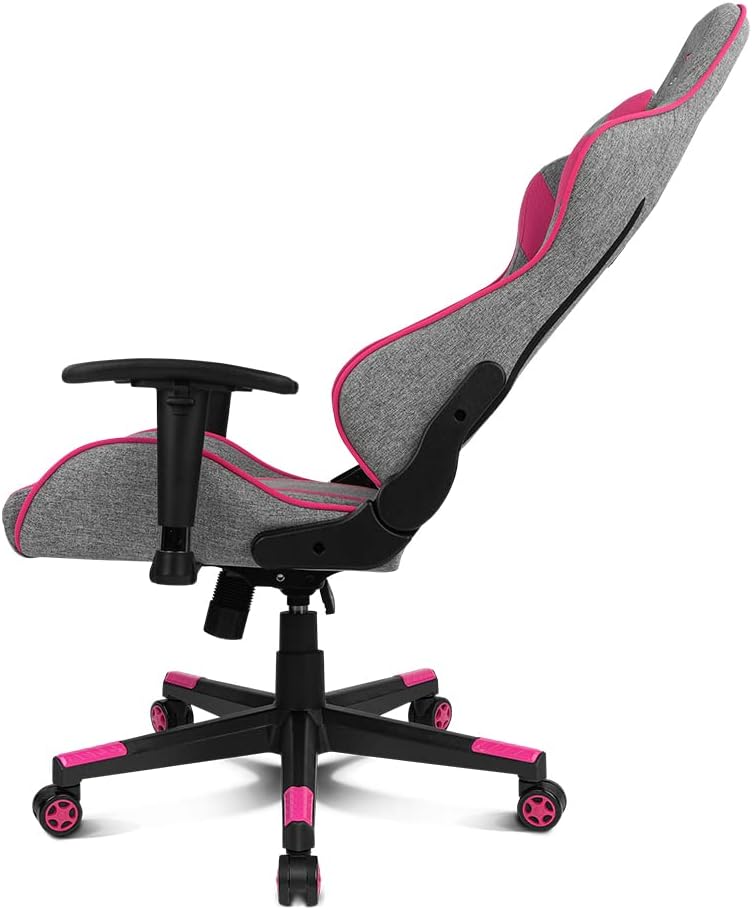 DRIFT Gaming Chair DR90 -DR90GP - Professionele Gaming Stoel, ademende stof, gestoffeerde 2D armleuningen, versterkte nylon basis, klasse 4 zuiger, kantelbaar, lumbaal/cervicaal kussen, grijs/roze