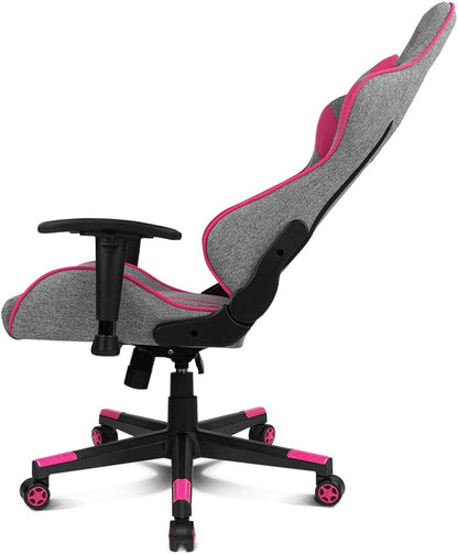 DRIFT Gaming Chair DR90 -DR90GP - Professionele Gaming Stoel, ademende stof, gestoffeerde 2D armleuningen, versterkte nylon basis, klasse 4 zuiger, kantelbaar, lumbaal/cervicaal kussen, grijs/roze