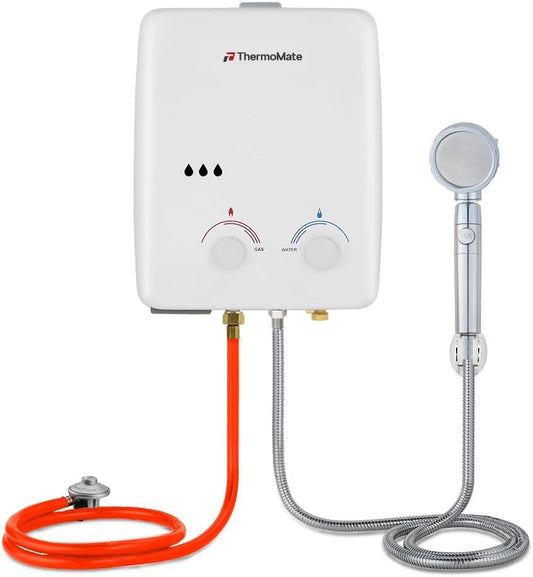 thermomate AZ132 5 L doorstroomboiler op gas met handvat, instant propaangas Gasboiler, LPG-waterverwarmer, voor buiten, voor paarden, camping, wit, 37mbar