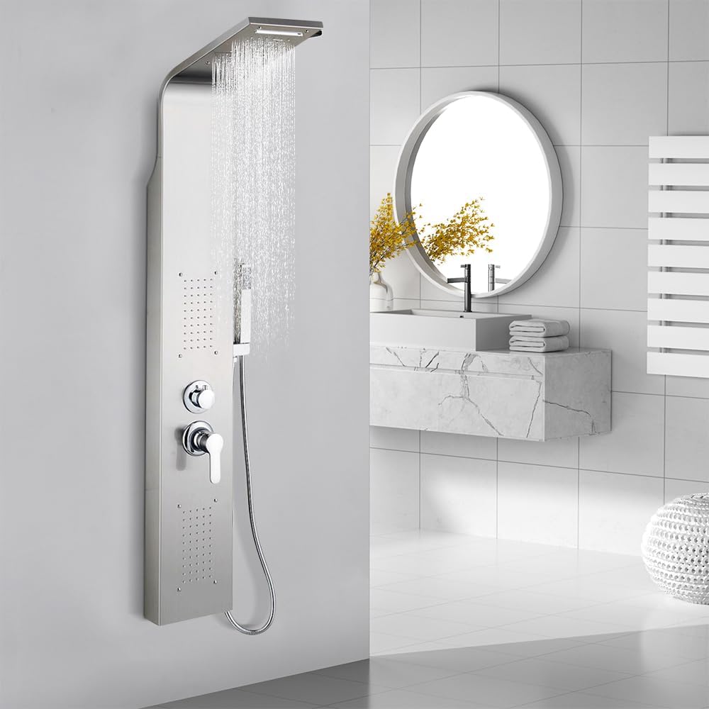 Douchepaneel – Doucheset – Douchekolom – Regendouche – Massagepaneel – Geborsteld Roestvrij Staal – 5 Douchestanden – Anti-Kalk Siliconen Nozzles