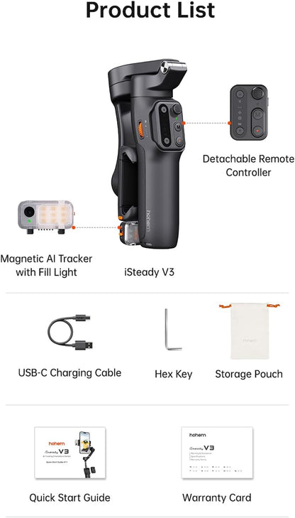 hohem iSteady V3 Gimbal stabilisator voor smartphone, AI-tracker, magnetisch vullicht, afneembare afstandsbediening, geïntegreerde statiefverlengstang, verbeterde