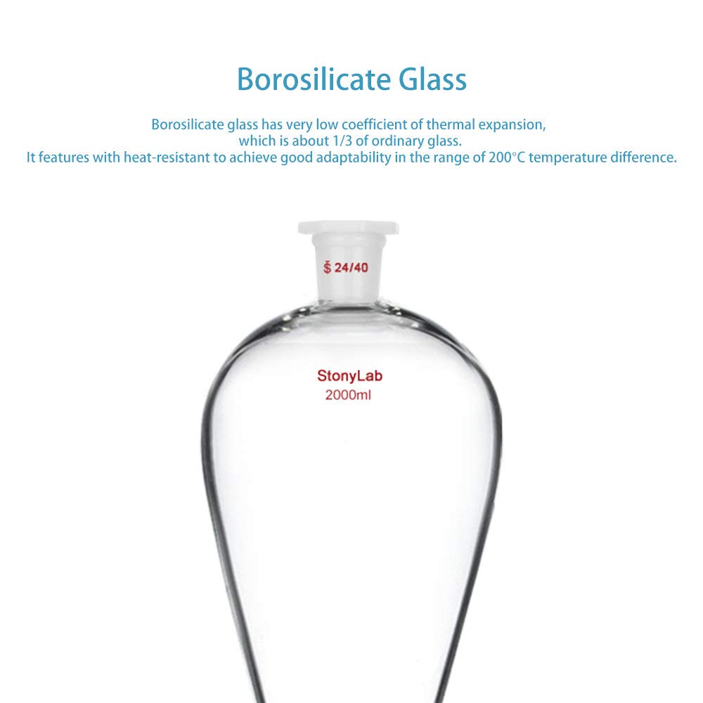 stonylab Borosilicaat Glas 2000ml Zware Wand Conische Scheitrechter met 24/40 Gewrichten en PTFE Afsluitkraan, 2000ml