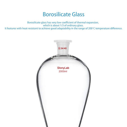 stonylab Borosilicaat Glas 2000ml Zware Wand Conische Scheitrechter met 24/40 Gewrichten en PTFE Afsluitkraan, 2000ml