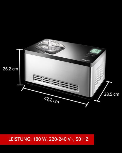 UNOLD 48845 Gusto IJsmachine, met zelfkoelende compressor, 180 W, 2 l volume, elegante roestvrijstalen behuizing, lcd-display, digitale timer