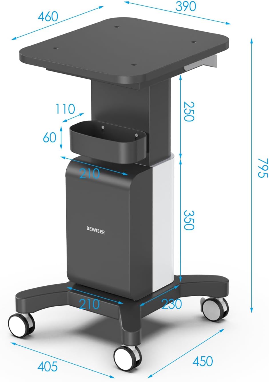 BEWISER Schoonheidstrolley esthetici, winkelwagen met opbergdoos, medisch salon, rolling, mobiele winkelwagen voor kantoor, werk, spa, kapper, zwart, medium