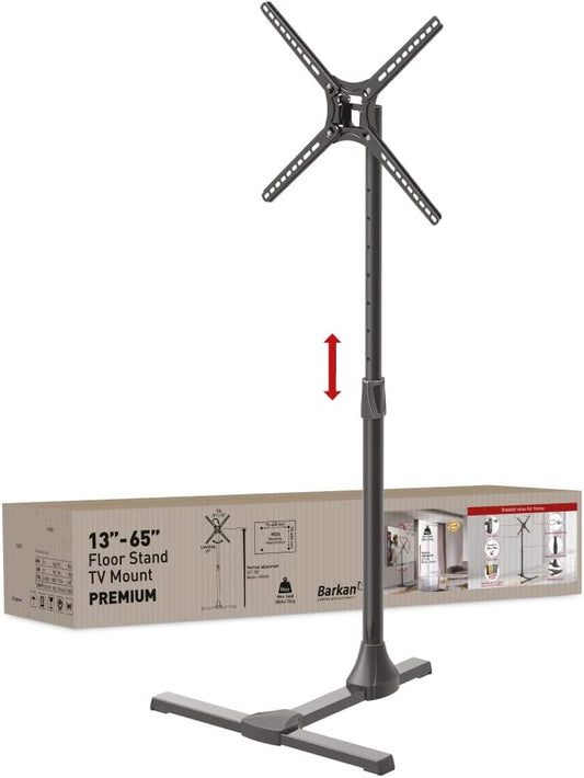 Barkan 13-65 inch kantelbare en in hoogte verstelbare tv-vloerstandaard, houdt tot 50 kg, 5 jaar garantie, standaard, voor LED OLED LCD, max. VESA 400x400, tv-houder, Xcnbstodhgstl, zwart