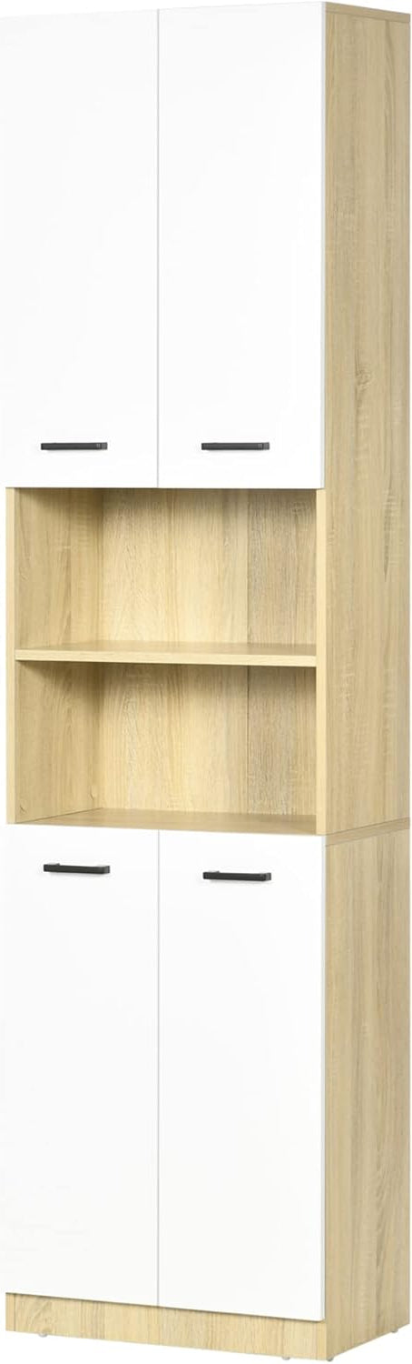 Badezimmerkast – Opbergkast – Hoge Kast – Keukenkast – Badkamerkast – Met 2 Kastdeuren En 2 Open Planken – Soft Close Deurtjes En Anti-Kantelbeveiliging – Wit/Natuurlijk Houtlook – 53x33,5x195,5 cm - QUORE