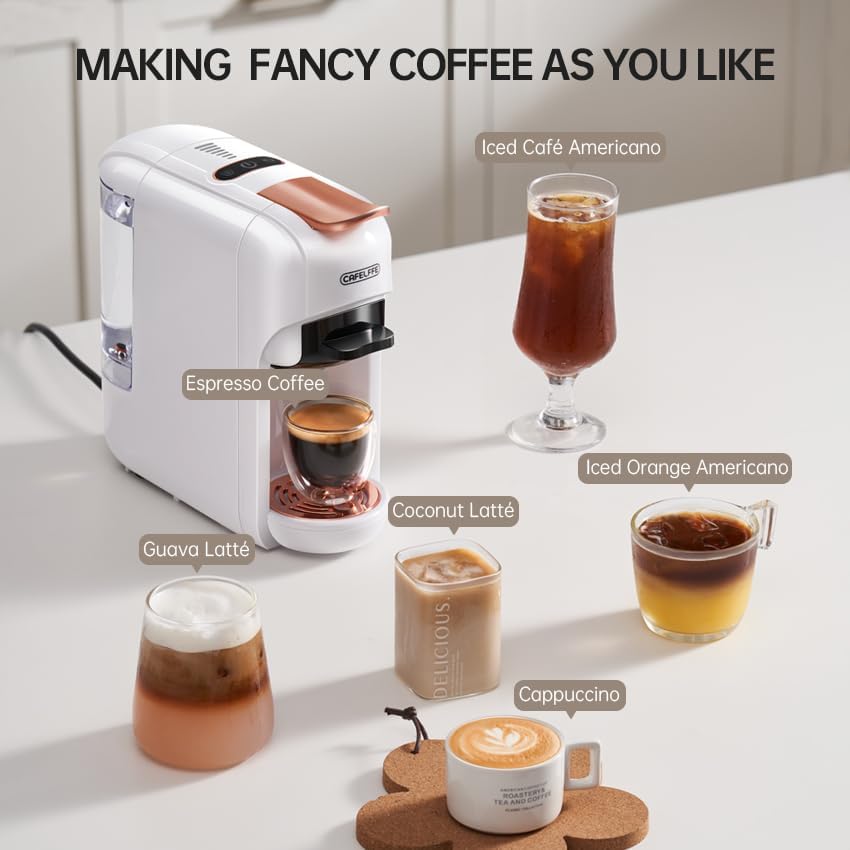 CAFELFFE MK-606 5-in-1 koffiemachine, espressomachine, 19 bar, warm-/koudgezette espressomachine, compatibel met K-Cup/Nes Original/DG/44 mm ESE en gemalen, 7 waterniveaus, thuis/kantoor, zwart
