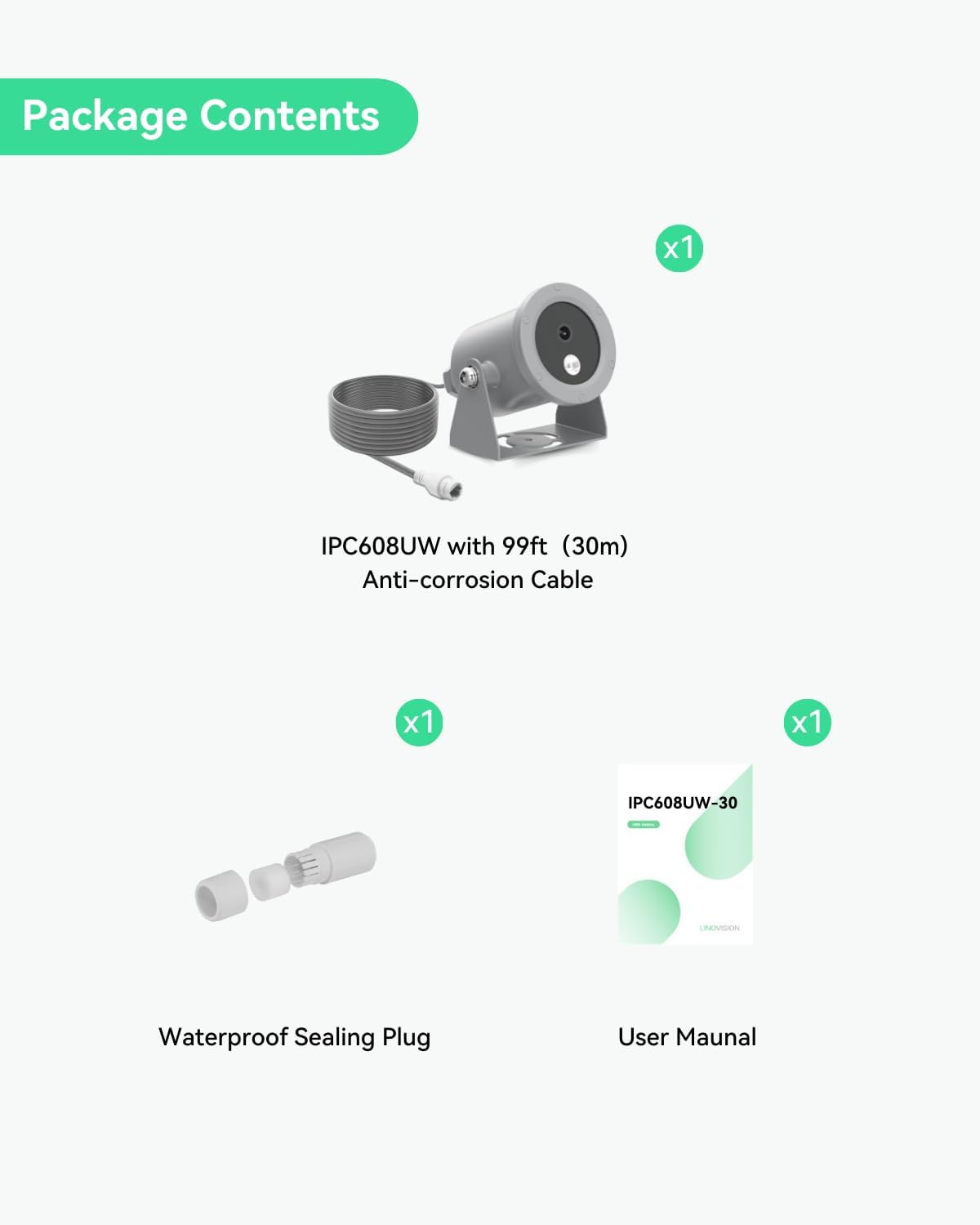 LINOVISION Onderwatercamera 4K Ultra HD Anti-corrosiecoating PoE Web GUI Mobiele APP 30m Kabel