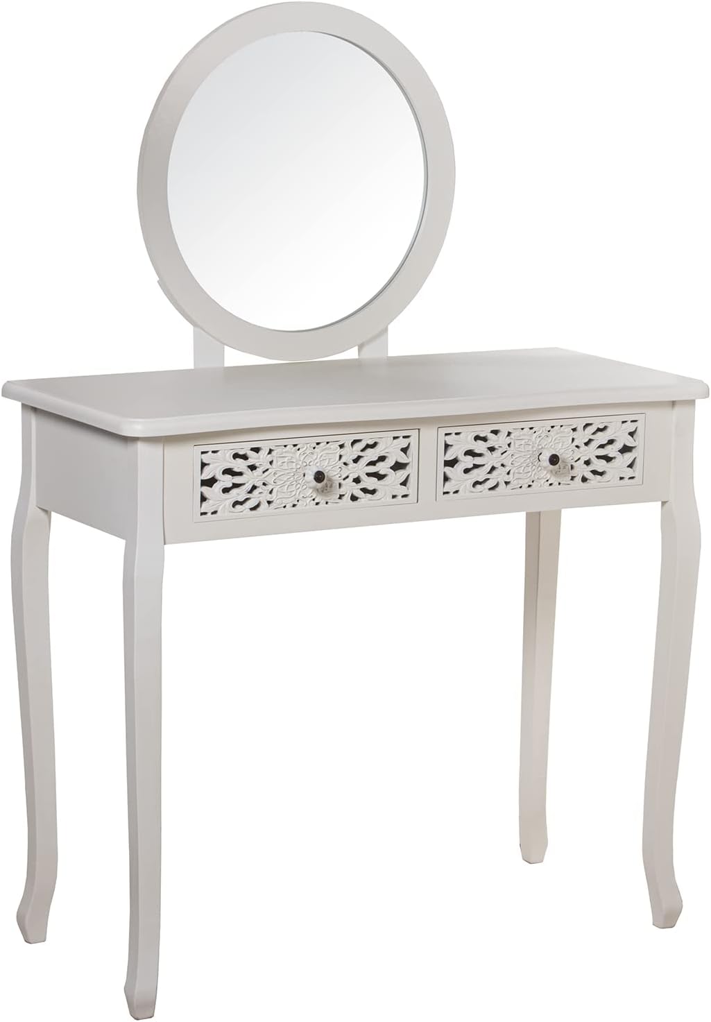DRW Make-uptafel met 2 laden van hout en MDF gesneden met spiegel in wit, 90 x 40 x 78 cm