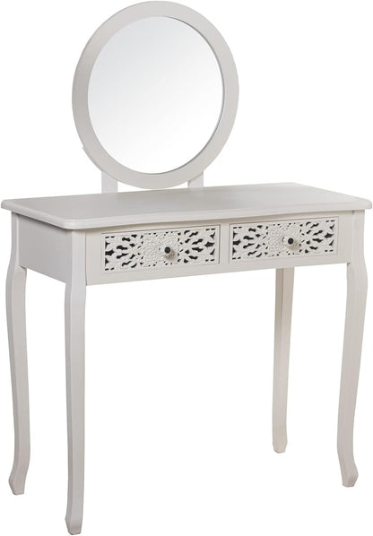 DRW Make-uptafel met 2 laden van hout en MDF gesneden met spiegel in wit, 90 x 40 x 78 cm