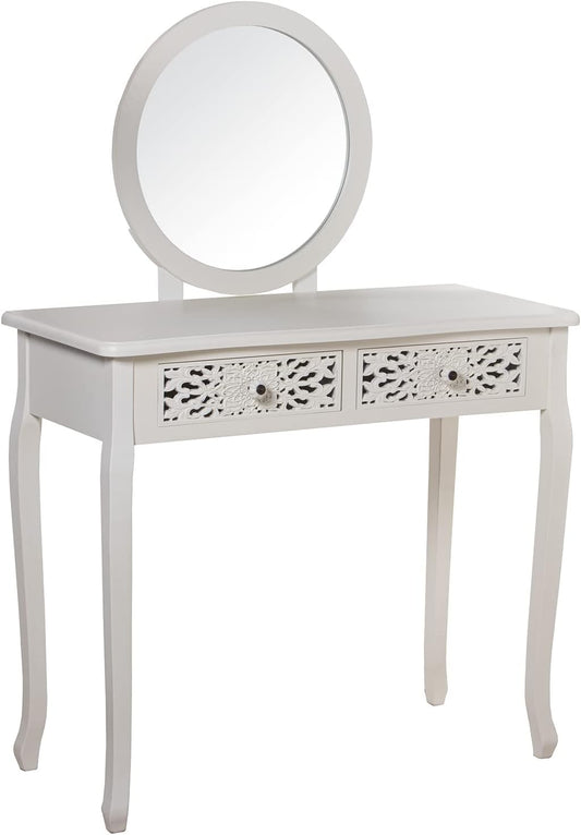 DRW Make-uptafel met 2 laden van hout en MDF gesneden met spiegel in wit, 90 x 40 x 78 cm