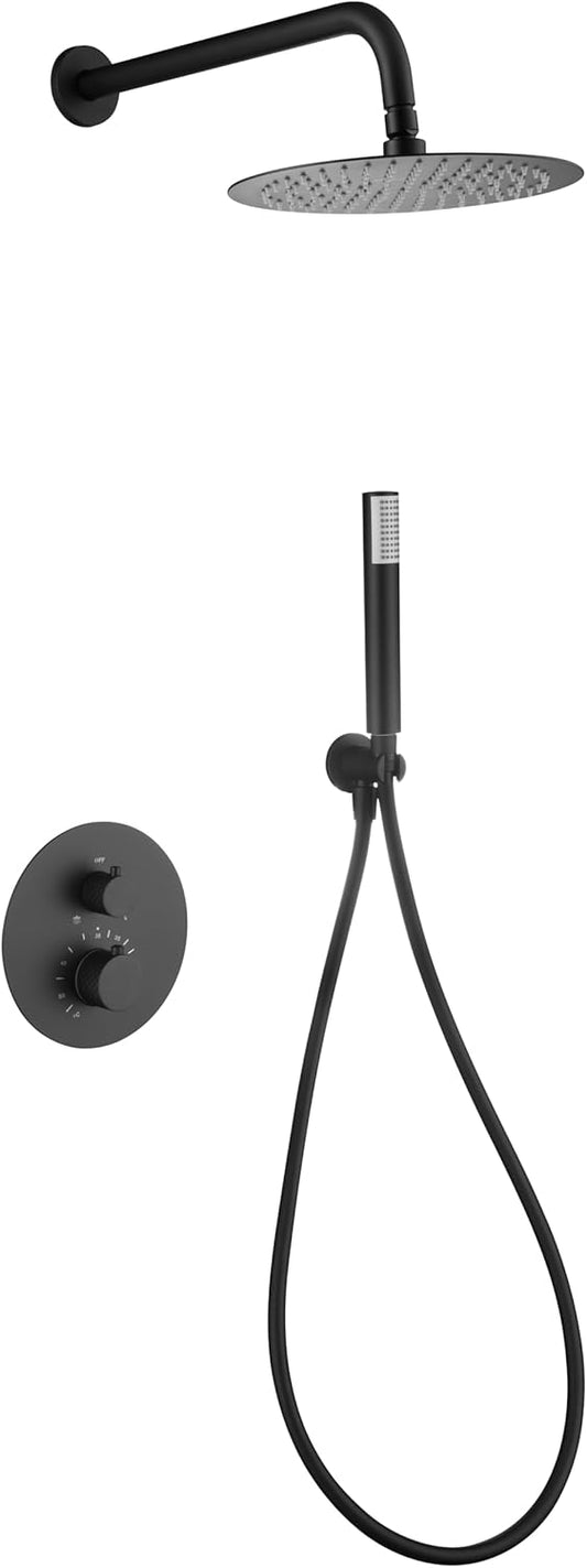 Thermostatische Douche Set – Douchekraan – Hoofddouche – Handdouche – Douchethermostaat – Mat Zwart – Extra Grote 25 cm Hoofddouche – RVS & Messing