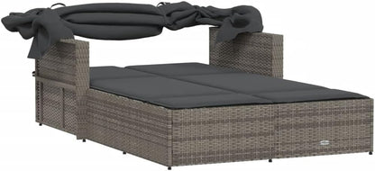 Gecheer Dubbel ligbed met luifel en grijze kussens van polyrotan, professionele zonneligstoel, zonneligstoel voor buiten, tuinligstoel, ligstoel, P365809 - QUORE