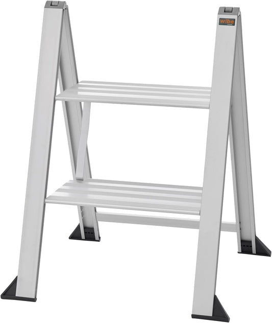 WIBE LADDERS Vikingstep Mini trapladder, 480 mm hoog, belastbaar tot 150 kg, compacte aluminium vouwladder met 2 treden, slechts 35 mm breed, 72814