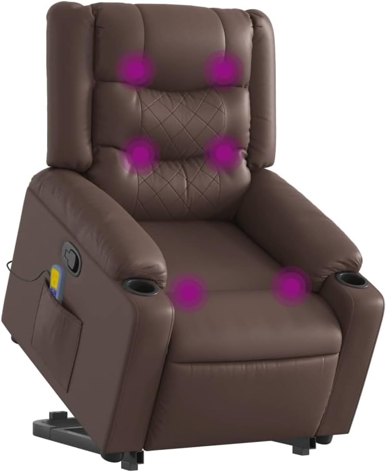 Massagestoel – Sta-Op Stoel – Relaxfauteuil – Massagefauteuil – Elektrische Liftfunctie – Verstelbaar Tot 135° – Kunstleer Bruin – 6-Punts Vibratiemassage