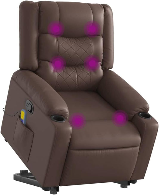 Massagestoel – Sta-Op Stoel – Relaxfauteuil – Massagefauteuil – Elektrische Liftfunctie – Verstelbaar Tot 135° – Kunstleer Bruin – 6-Punts Vibratiemassage