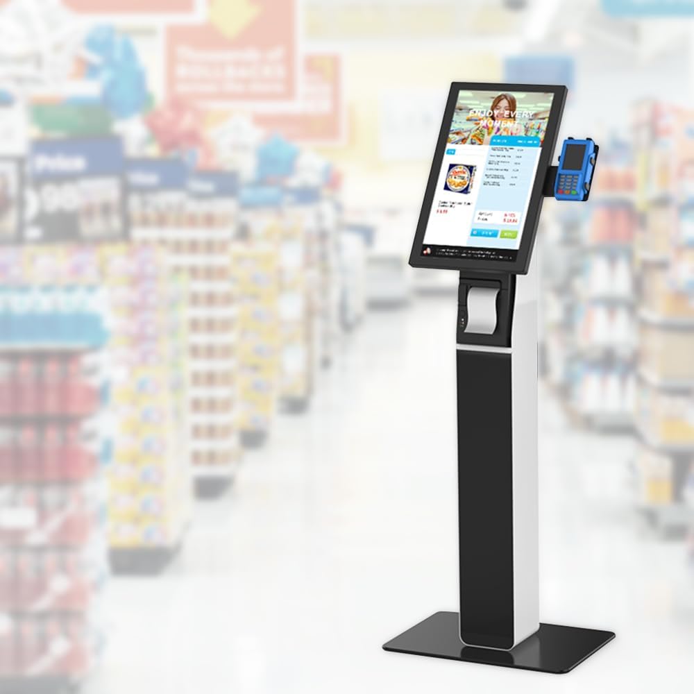 Kiosk VESA Vloerstandaard – Monitorstandaard – Displaystandaard – POS Standaard – Zelfbedieningszuil – Voor 21,5–27 Inch – Volledig Metaal – Printerruimte En Kaartlezerbeugel