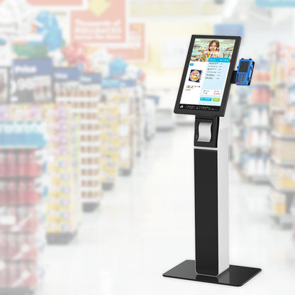 Kiosk VESA Vloerstandaard – Monitorstandaard – Displaystandaard – POS Standaard – Zelfbedieningszuil – Voor 21,5–27 Inch – Volledig Metaal – Printerruimte En Kaartlezerbeugel