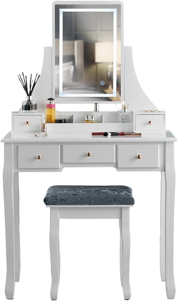 ice cream what's your flavour? Luxury Dressing Table with Touch Sensor Vanity Mirror LED Lighting & Stool 5 Drawers Set For Bedroom Makeup Jewelry Storage (DT010-TBPLUG WHITE) - QUORE