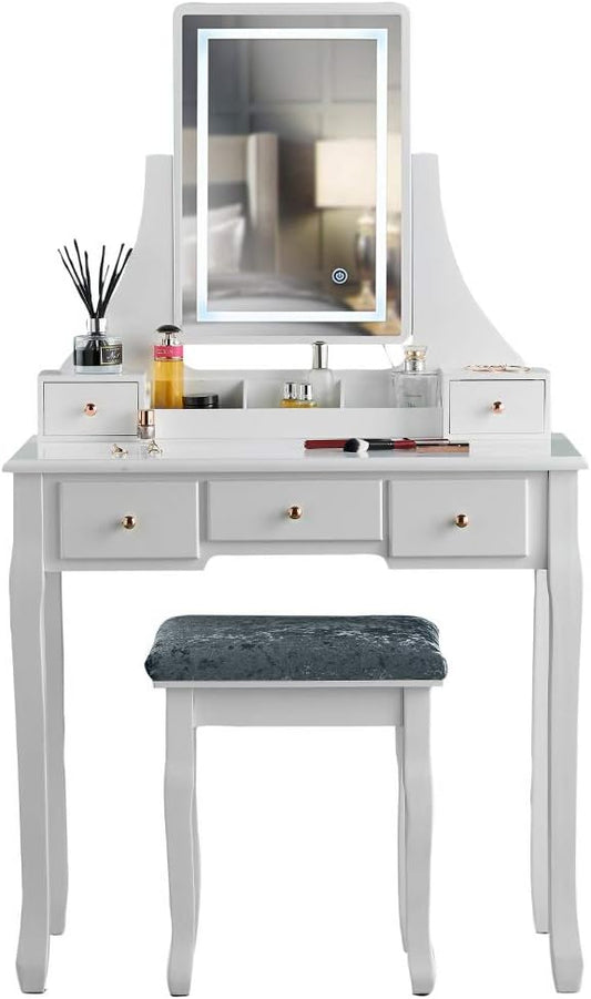 ice cream what's your flavour? Luxury Dressing Table with Touch Sensor Vanity Mirror LED Lighting & Stool 5 Drawers Set For Bedroom Makeup Jewelry Storage (DT010-TBPLUG WHITE) - QUORE