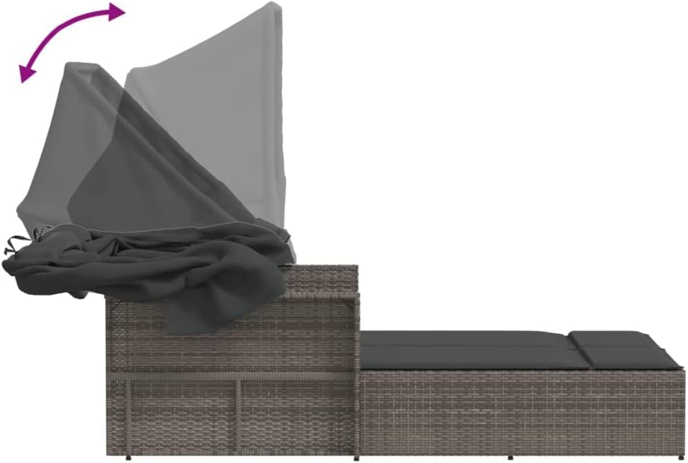 Gecheer Dubbel ligbed met luifel en grijze kussens van polyrotan, professionele zonneligstoel, zonneligstoel voor buiten, tuinligstoel, ligstoel, P365809 - QUORE