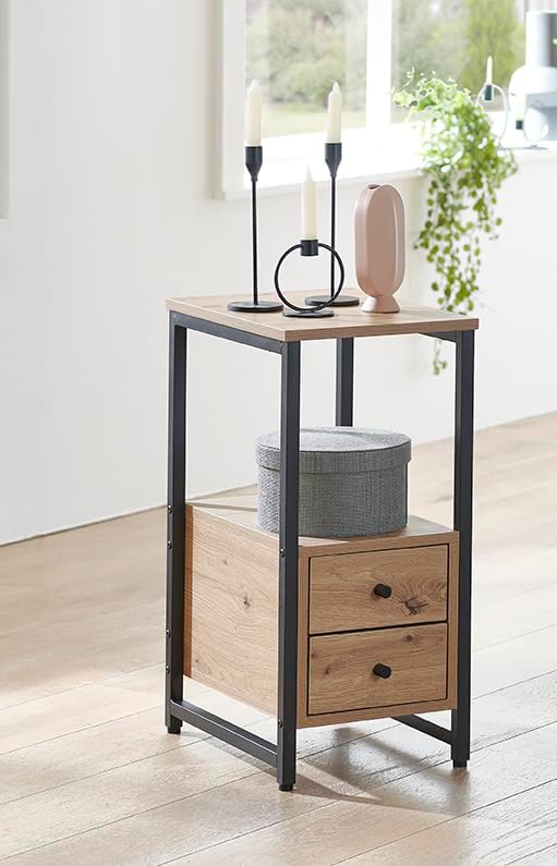 HAKU Bijzettafel eiken, zwart, Metaal, spaanplaat - Maat: B 30 cm x H 63 cm x D 40 cm, Stijl: Modern