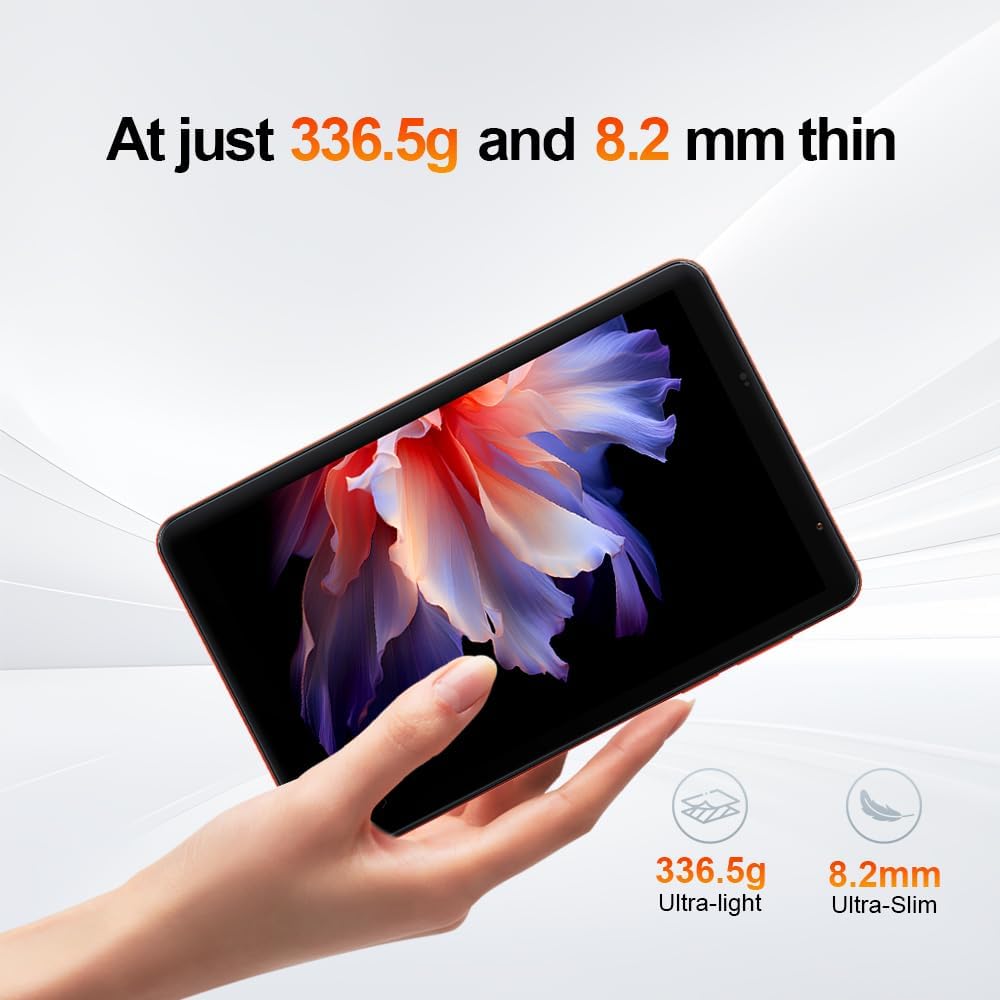 Blackview Zeno 1 8 inch tablet Android 15, 12 GB + 64 GB/2 TB TF, Widevine L1, 6000 mAh, 5G WiFi + 4G LTE Tablet PC, 8 MP + 8 MP, Gemini Al 2.0/OTG/GPS/Hall/3,5 mm Jack/beschermhoes, oranje